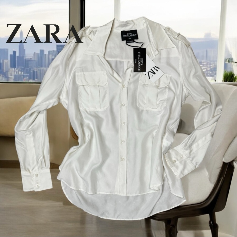 NWT Zara Silk Ecru Button-Up Blouse